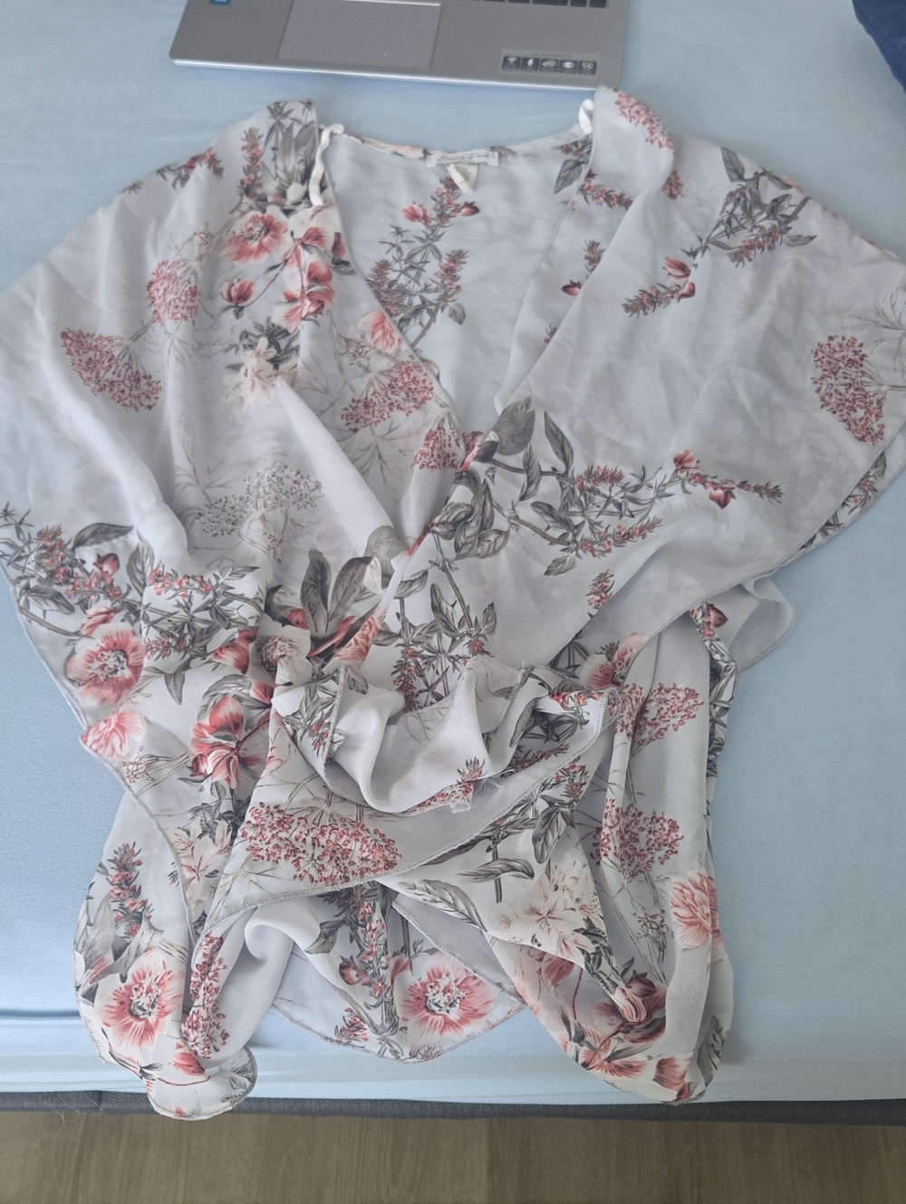 Floral Wrap Blouse in Soft White with Pink Blooms